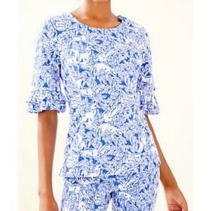 Lilly Pulitzer Top Womens Size 00 Coastal Blue Fancy Feet Fiesta Blouse Ruffle